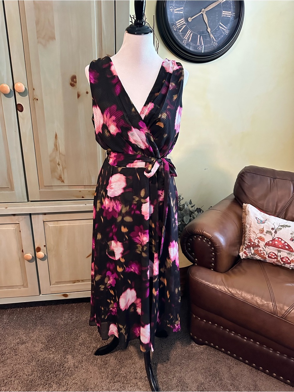 DKNY Black Midi Dress with Pink Floral Print